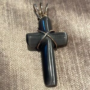 Grey Catseye Cross Sterling Silver Wire Setting